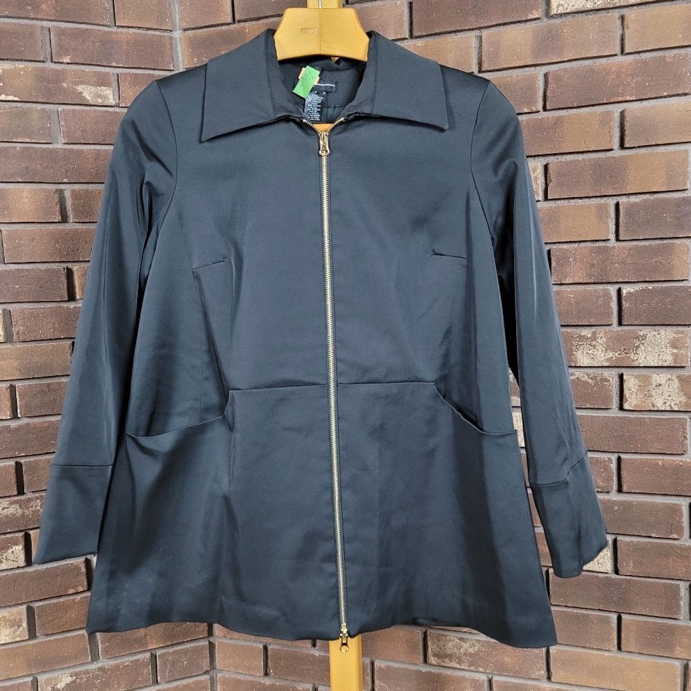 INC nylon zip up trapeze jacket accordion fold at back, pockets